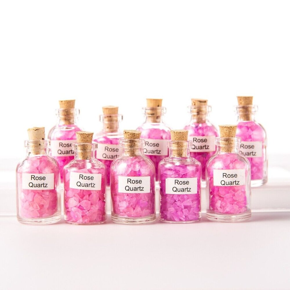10 Tumbled Pink Rose Quartz Chips Mini Bottles Crystal Rock Gem Specimens Stones